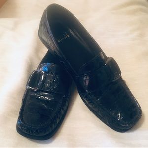 Stuart Weitzman Black Croc Buckle Loafers